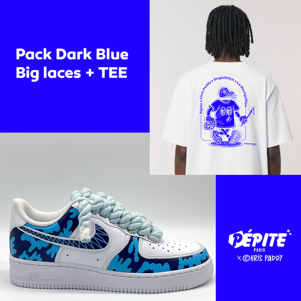 PACK COLLAB WAVES TEE SHIRT + BIG LACES DARK BLUE